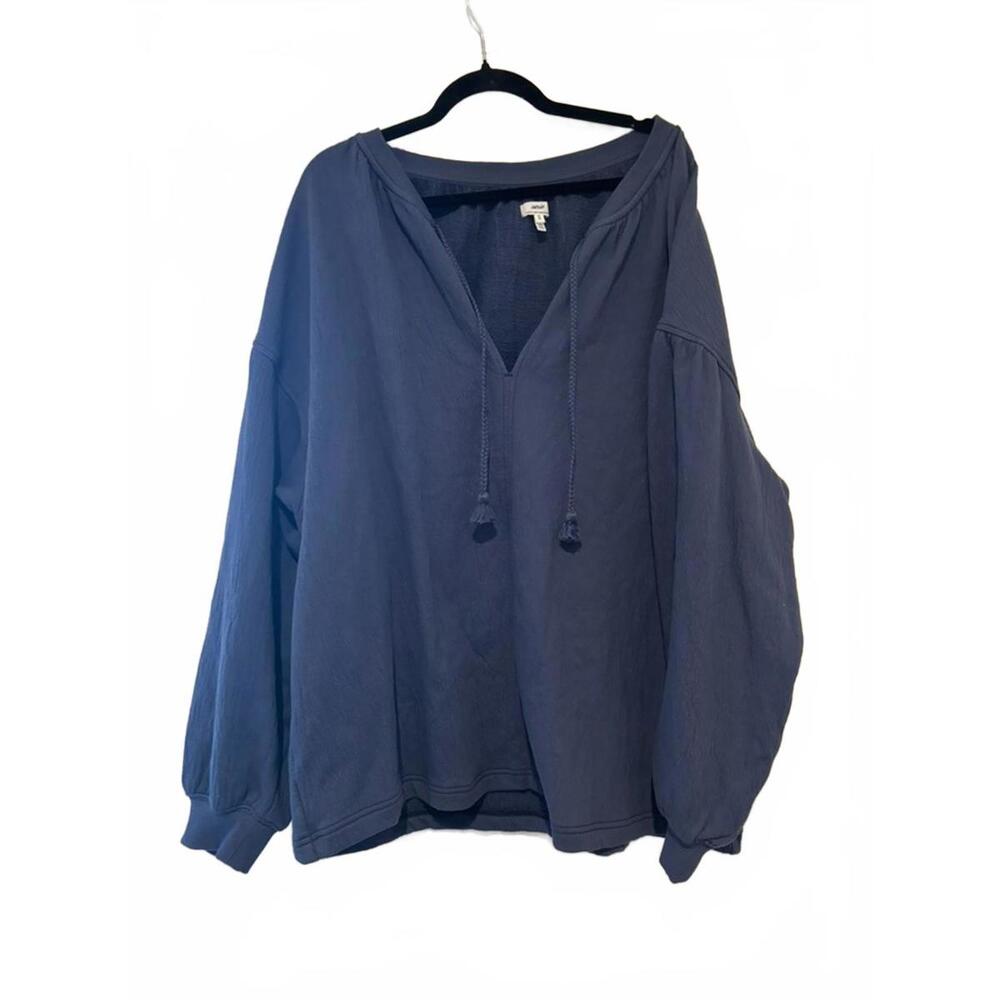 Aerie gauze cotton look oversized cozy sweatshirt keyhole front navy sz XL #1612